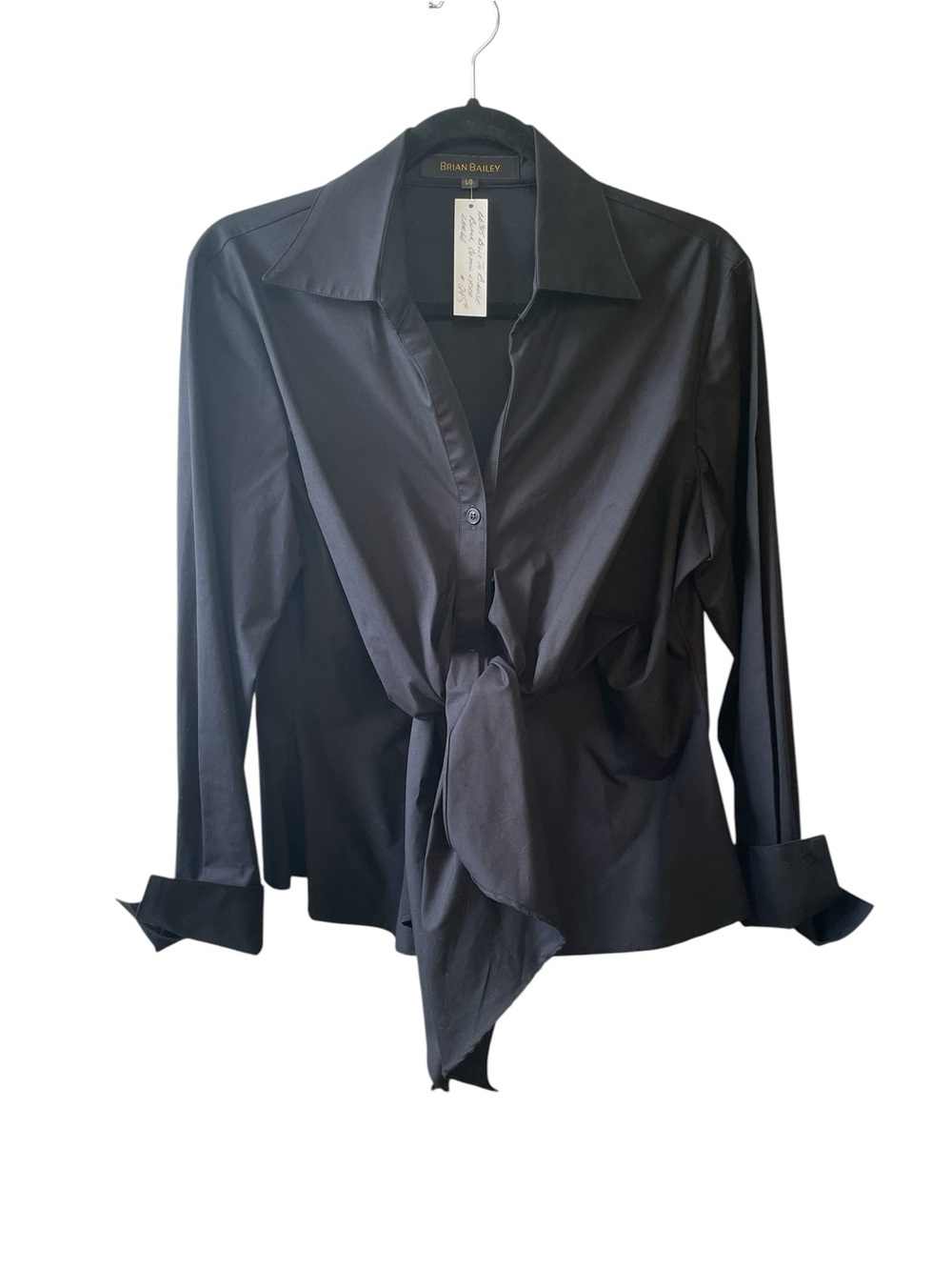 BRIAN BAILEY Cotton Draped Long-Sleeve Tie-Front Button Front Blouse Black L